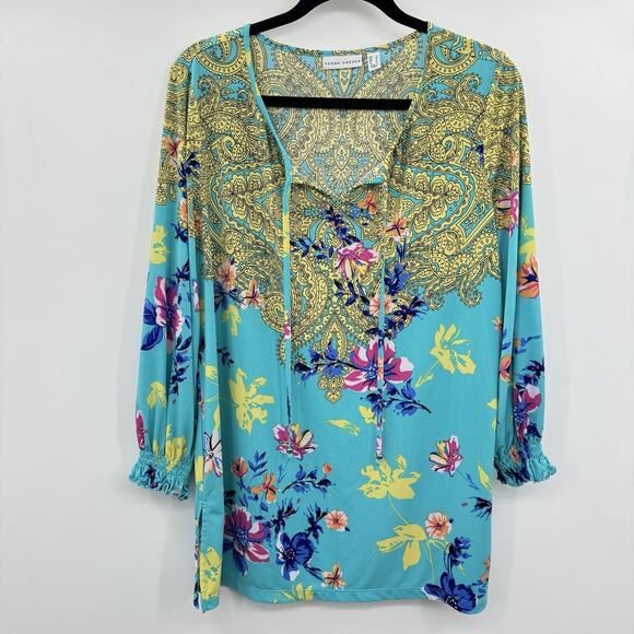 Susan Gravel Liquid Knit Paisley Floral Popover Top Size L Blue Pretty Office - Picture 1 of 11